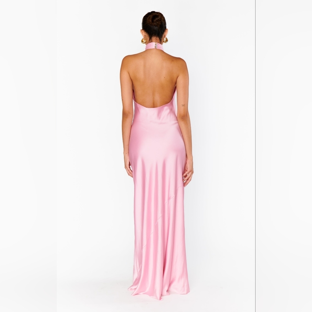 Show Me Your MuMu Jasmine Halter Maxi Light Pink Luxe Satin Dress M Wedding Prom - Picture 7 of 11